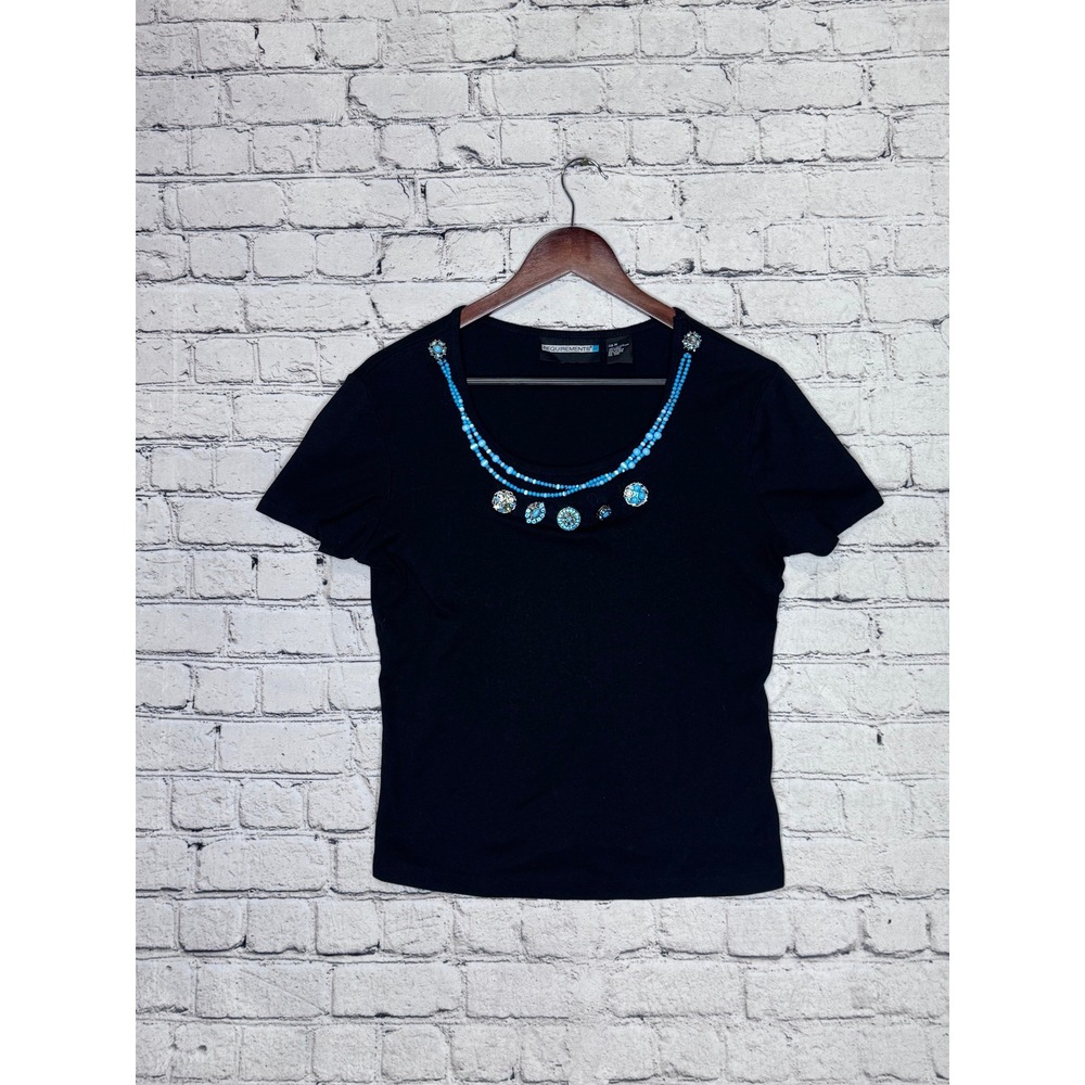 Requirements Black Short Sleeve Beaded Neckline‎ T Shirt Top Womens Size M
